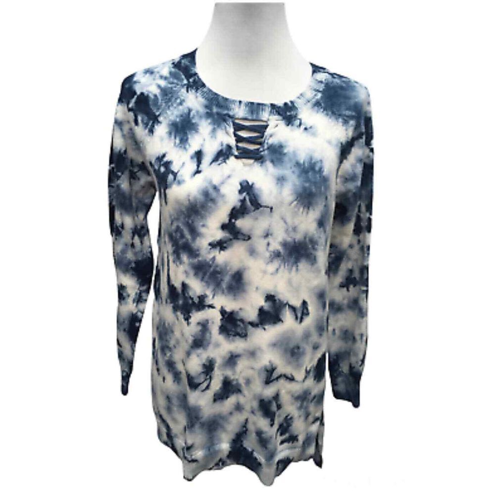 Ruff‎ Hewn Sweater Womens Medium Blue Tie Dye Strappy Crew Neck Cutout